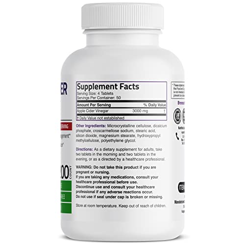 Bronson Apple Cider Vinegar 3000 MG per Serving Extra Strength - Non-GMO, 200 Vegetarian Bronson