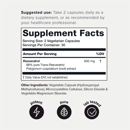 Toniiq Ultra High Purity Resveratrol Capsules - 98% Trans-Resveratrol - Highly Purified