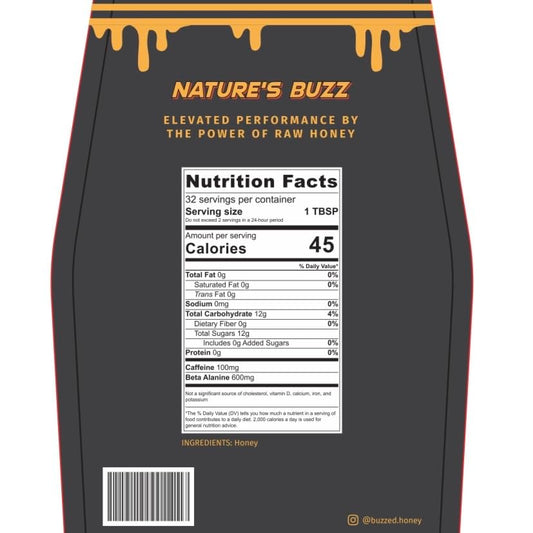 Buzzed Honey - 16oz, Natural Preworkout Supplement, Raw Honey, Caffeine, Clean Energy, Endurance & Pump