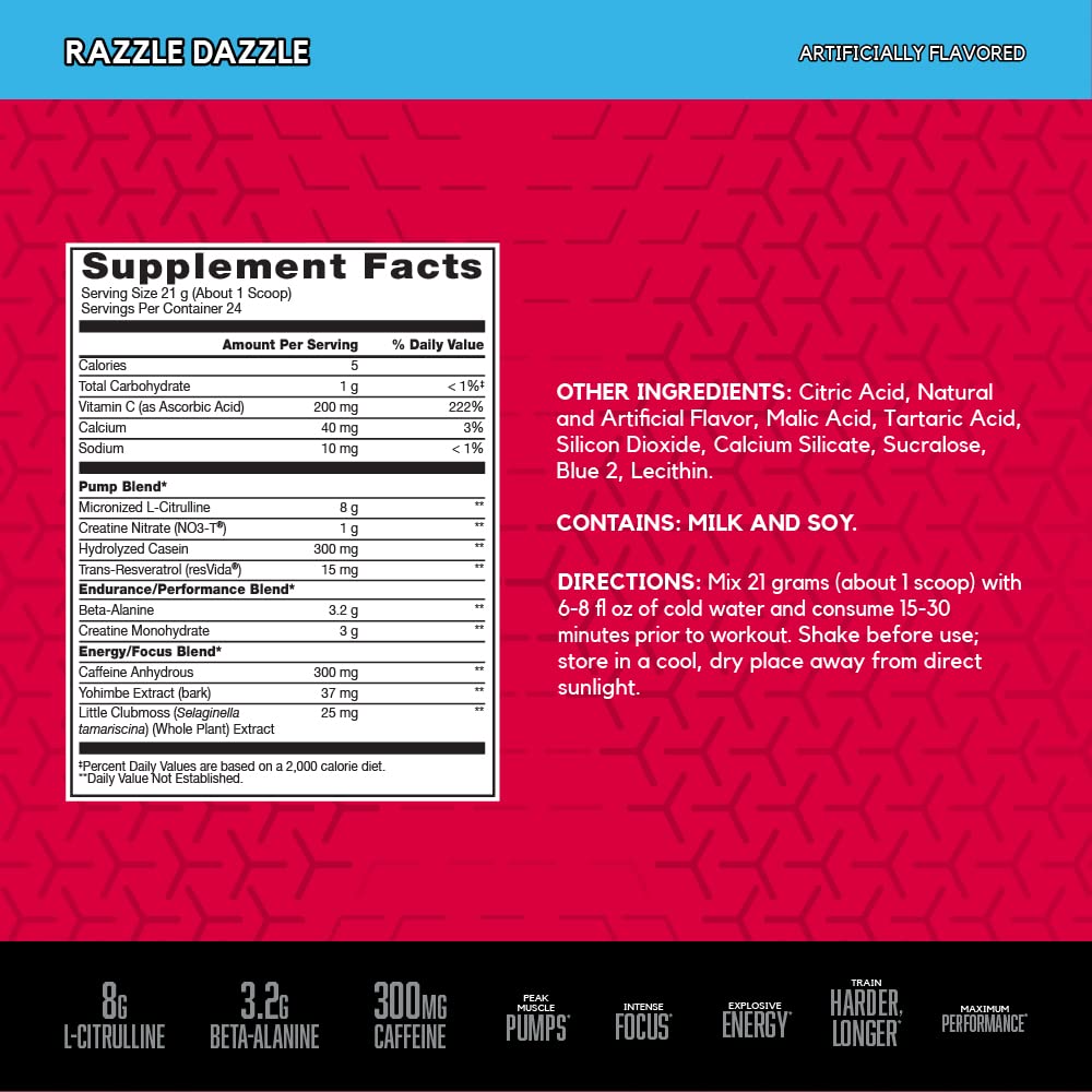 BSN N.O.-XPLODE Vaso Pre Workout Powder with 8g of L-Citrulline and 3.2g Beta-Alanine BSN