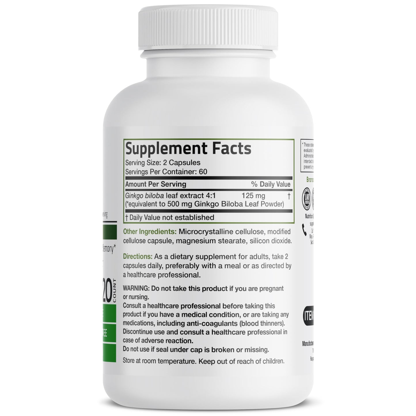 Bronson Ginkgo Biloba Extra Strength 125mg (4:1 Extract) Equivalent to 500mg Bronson