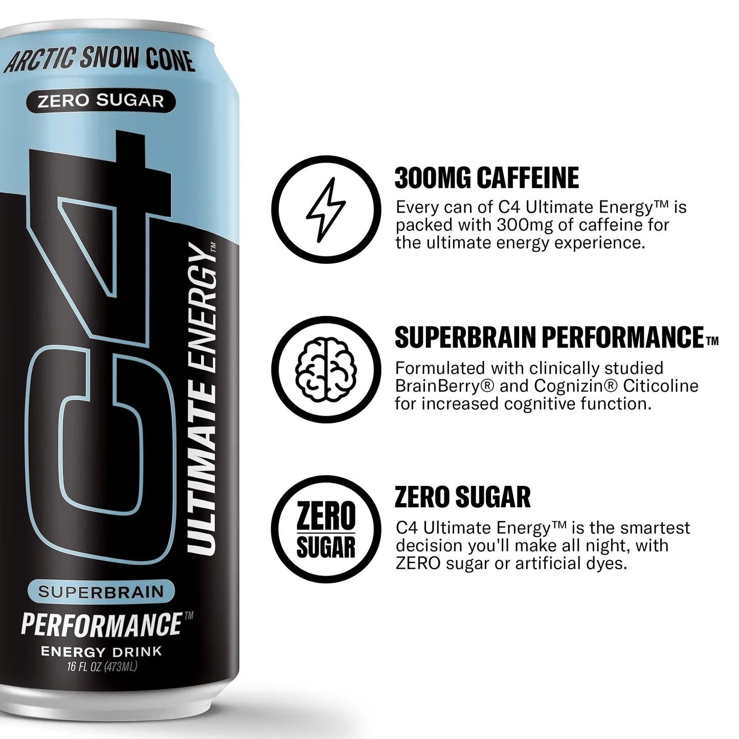 C4 Ultimate Sugar Free Energy Drink 16oz (Pack of 24) | Arctic Snow Cone | Pre Workout Performance Drink with No Artificial Colors or Dyes