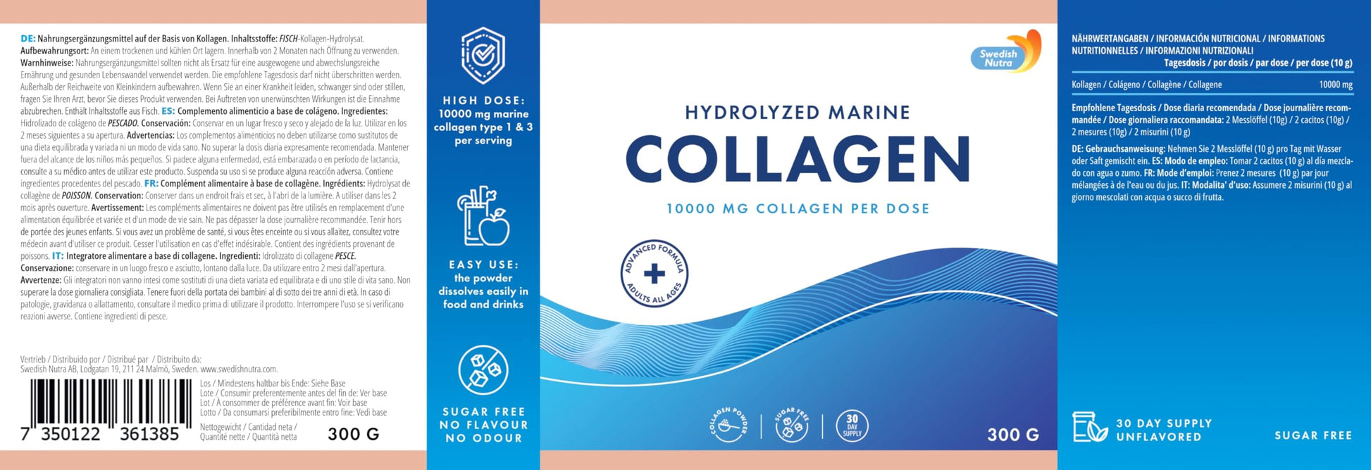 100% Marine Collagen Powder 300g I Pure Hydrolyzed Collagen Powder (Type I & III) Swedish Nutra