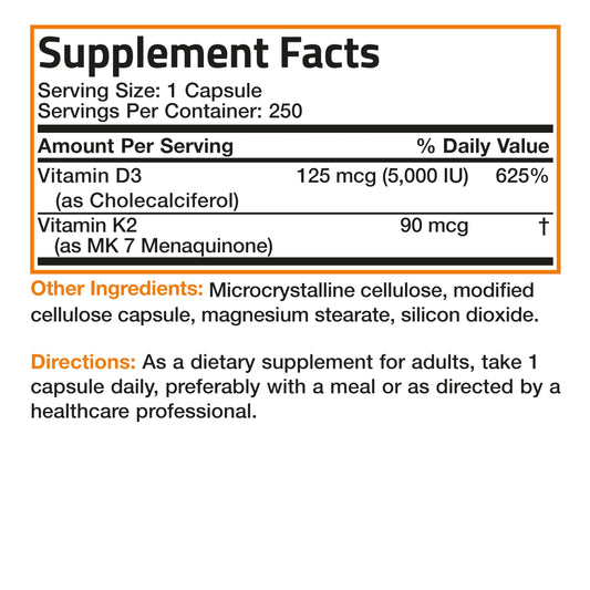Bronson Vitamin K2 (MK7) with D3 Supplement Bone and Heart Health Non-GMO Bronson