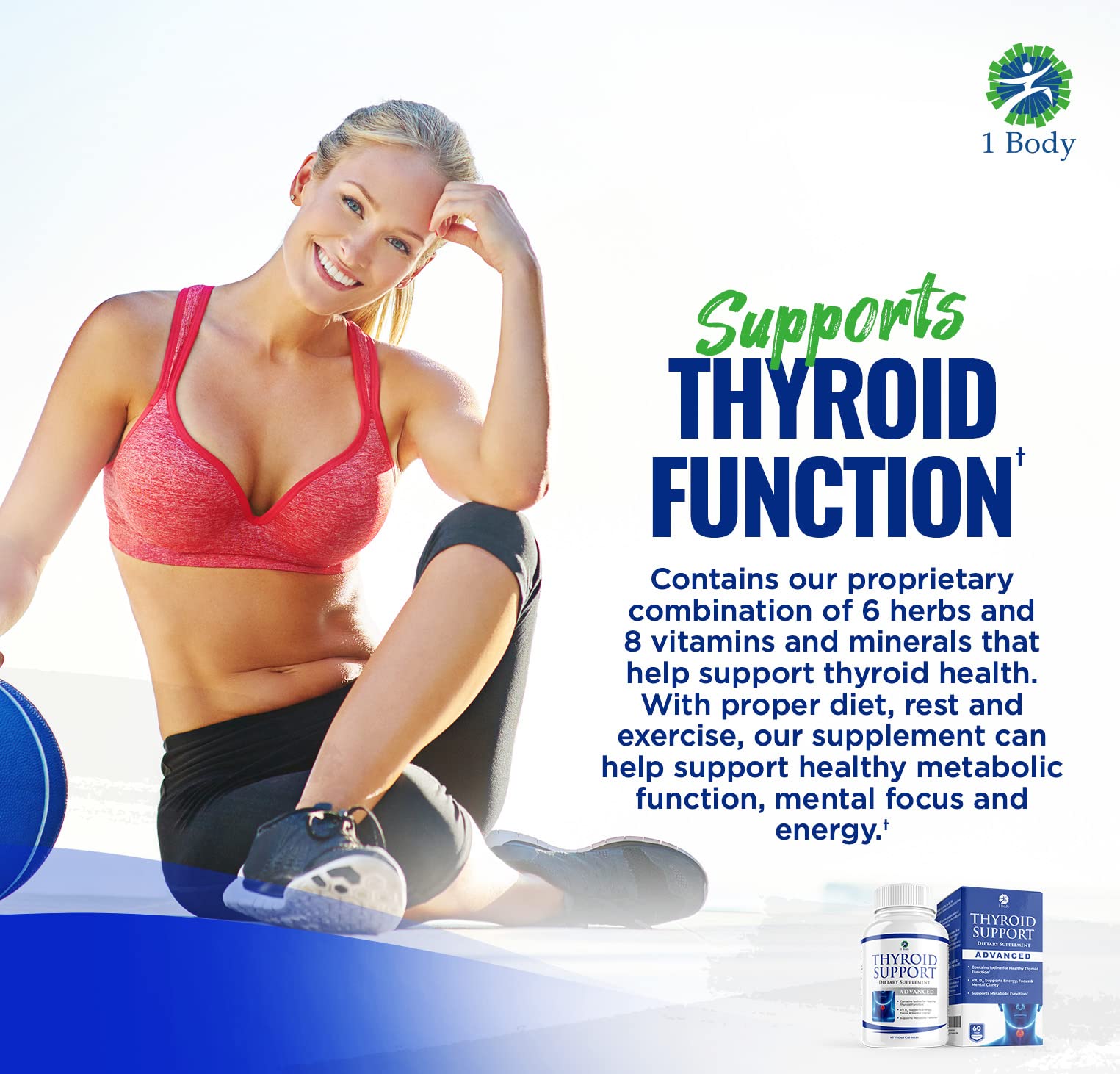 1 Body Thyroid Support Supplement for Women and Men - 2 Pack 60 Days
