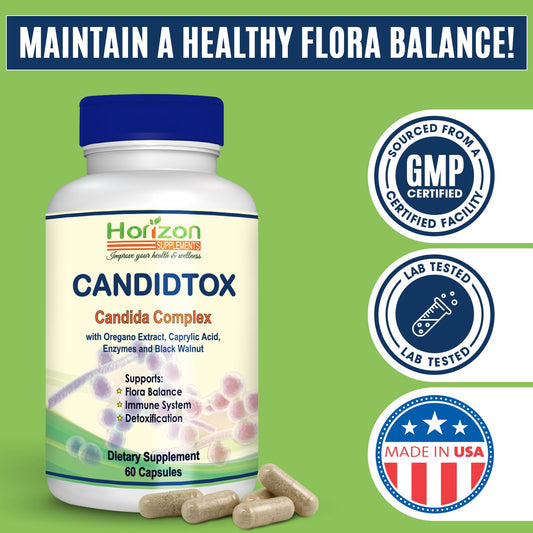 Candida Cleanse Support and Detox with Natural Herbs, probiotics and Oregano Oil Horizon Supplements