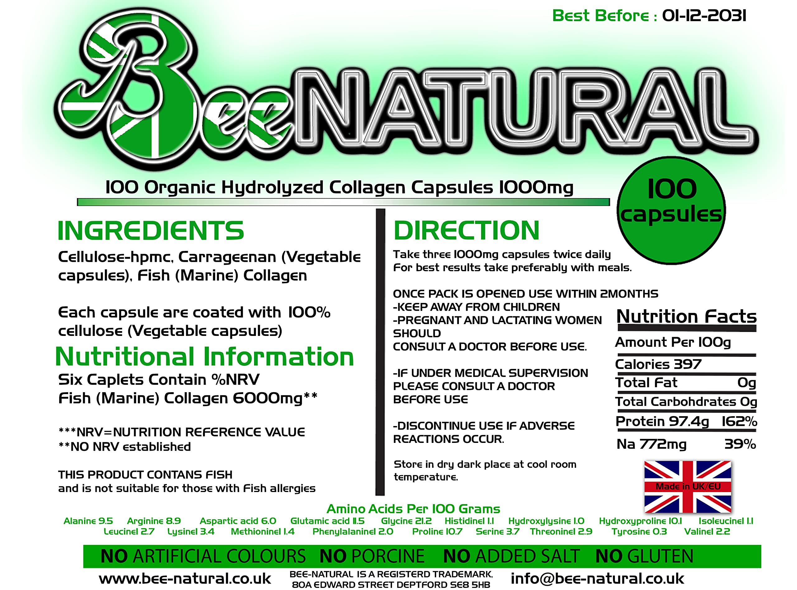 100 Hydrolyzed Collagen Capsules 1000mg Bee-natural Bee-natural