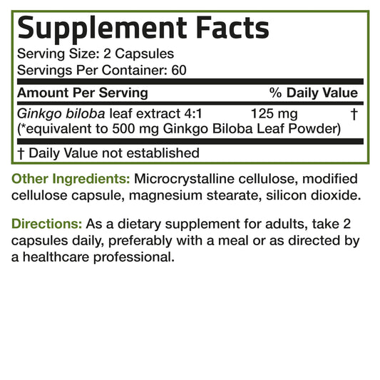 Bronson Ginkgo Biloba Extra Strength 125mg (4:1 Extract) Equivalent to 500mg Bronson