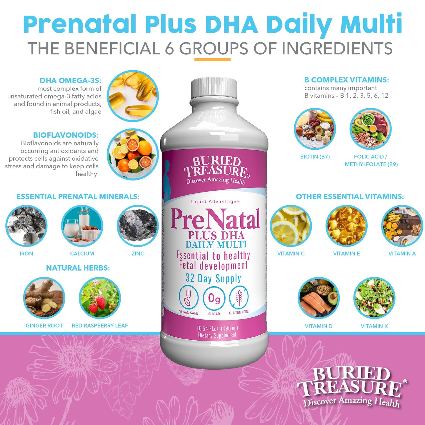 Buried Treasure Prenatal Plus DHA Complete, 16 oz, Natural DHA Omega3 Iron