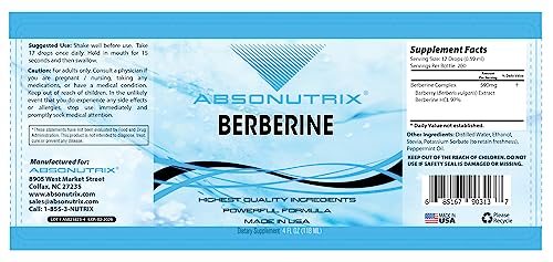 Absonutrix Berberine Supplement 600 mg, 4 Fl Oz Large Bottle, Healthy Weight Loss Support Absonutrix