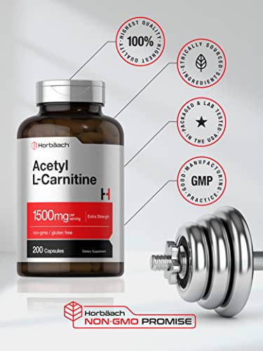 Acetyl L-Carnitine 1500mg | 200 Capsules | Extra Strength ALCAR Supplement | Non-GMO Horbäach