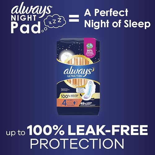Always Ultra Thin Feminine Pads with Wings for Women, Size 4, Overnight Absorbency, Unscented Always