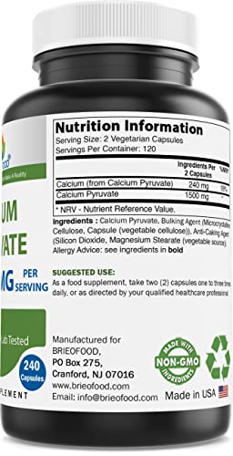Brieofood Calcium Pyruvate 1500mg per Serving - 240 Vegetarian Capsules Brieofood