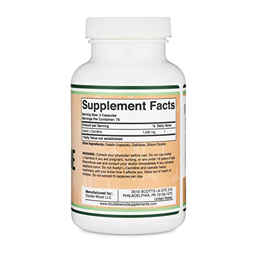 Acetyl L-Carnitine 1,000mg Per Serving, 150 Capsules (ALCAR for Brain Function Support Double Wood Supplements