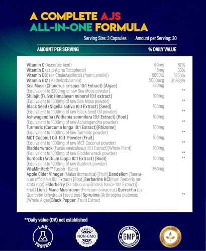 AJS Sea Moss Capsules 3200Mg, Shilajit 1000Mg with Black Seed Oil, Ashwagandha AJS Nutrition