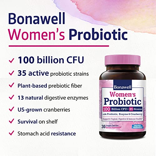 Bonawell Probiotics for Women 100B, with Organic Prebiotic, Cranberry for Feminine Health Bonawell
