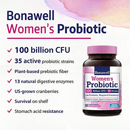 Bonawell Probiotics for Women 100B, with Organic Prebiotic, Cranberry for Feminine Health Bonawell