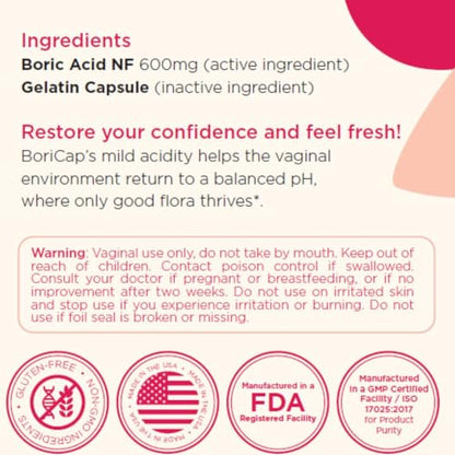 BoriCap - Boric Acid Suppositories for Women - 600 mg - Vaginal Health, pH Balance, Itch & Odor - Natural