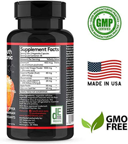 Youth & Tonic Natural Appetite Suppressant for Weight Loss / 1000 mg Apple Cider Youth & Tonic