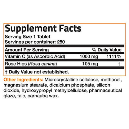 Bronson Vitamin C 1000 mg with Rose Hips Sustained Release, 250 Tablets Bronson