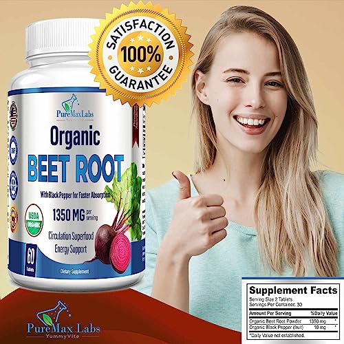 YUMMYVITE Organic Beet Root Powder Tablets - 1350mg with Black Pepper for Faster