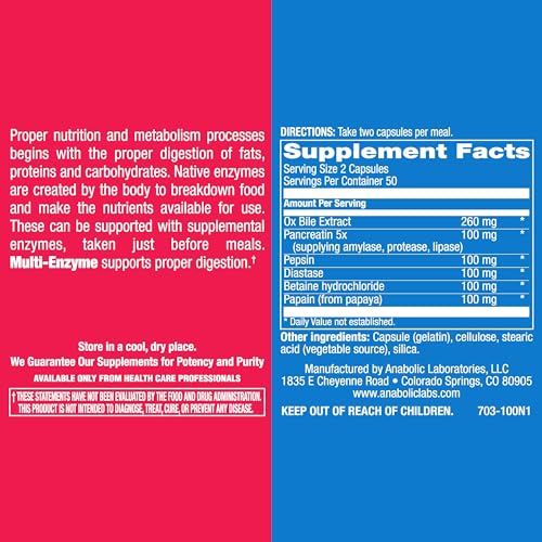 Anabolic Laboratories Multi Enzyme Nutritional Supplements - 100 Capsules of Digestive 