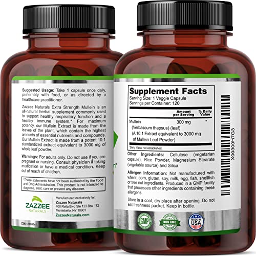 Zazzee Extra Strength Mullein 10:1 Extract, 3000 mg Strength, 120 Vegan Capsules Zazzee