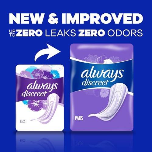 Always Discreet Adult Moderate Long Incontinence Pads, Up to 100% Leak-Free Protection, 54 Count Always Discreet