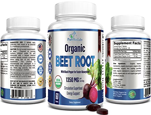 YUMMYVITE Organic Beet Root Powder Tablets - 1350mg with Black Pepper for Faster