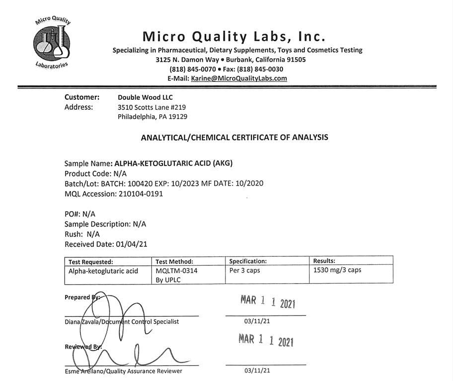 AKG Supplement (Alpha Ketoglutaric Acid) 1,000mg Per Serving (180 Capsules) Different Double Wood Supplements