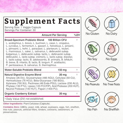 Bonawell Probiotics for Women 100B, with Organic Prebiotic, Cranberry for Feminine Health Bonawell