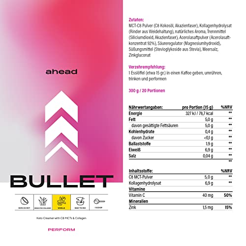 ahead BULLET | C8 MCT Powder with Collagen Powder - Vanilla - 300g - Perfect for Bulletproof Coffee ahead