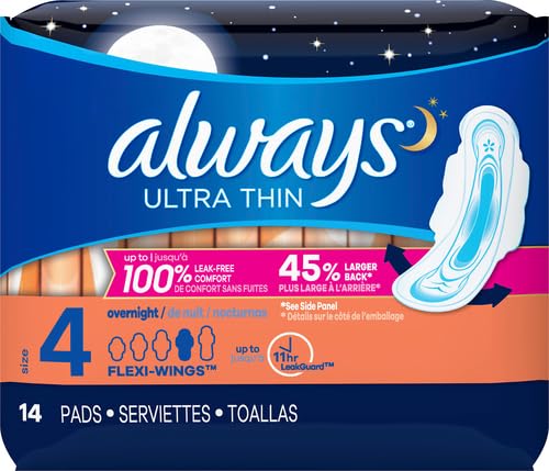 Always Ultra Thin Size 4 Overnight Pads With Wings Unscented, 14 Count (3700030165) Always