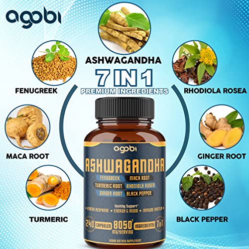 240 Capsules - 8 Month Supply - 7in1 Ashwagandha 8050mg - Combined With Fenugreek agobi
