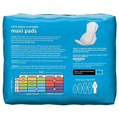 Amazon Basics Thick Maxi Pads with Flexi-Wings for Periods, Extra Heavy Overnight Absorbency Amazon Basics