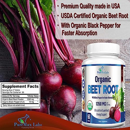YUMMYVITE Organic Beet Root Powder Tablets - 1350mg with Black Pepper for Faster
