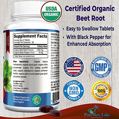 YUMMYVITE Organic Beet Root Powder Tablets - 1350mg with Black Pepper for Faster
