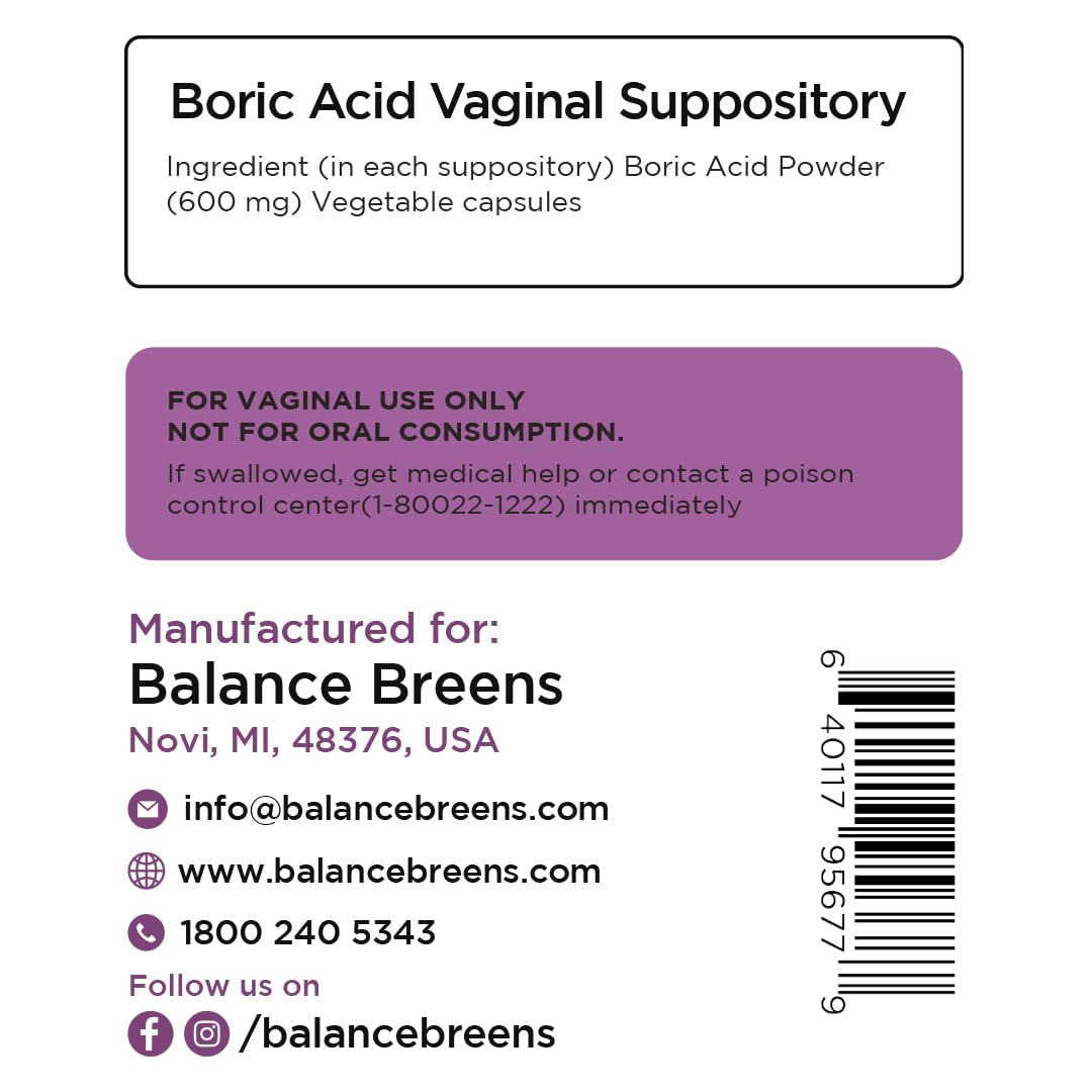 Boric Acid Suppositories for Women 600 mg - 30 Vaginal Use Capsules - ph Balance Pills, Odor Control