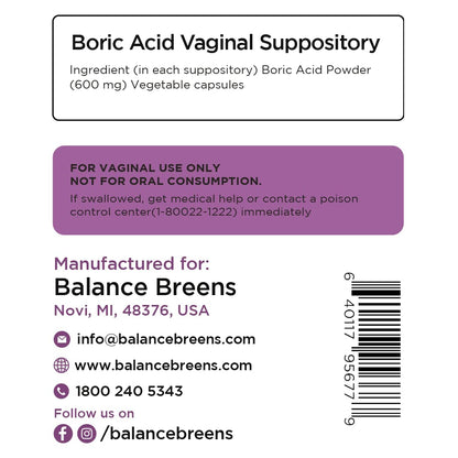 Boric Acid Suppositories for Women 600 mg - 30 Vaginal Use Capsules - ph Balance Pills, Odor Control