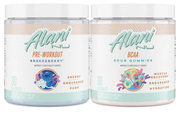 Alani Nu Breezeberry Pre Workout and BCAA Sour Gummies Post Workout Powder Bundle