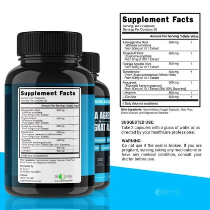 (2 Pack) Tongkat Ali Fadogia Agrestis Nitric Oxide Ashwagandha Supplement for Men Dr. Emy's