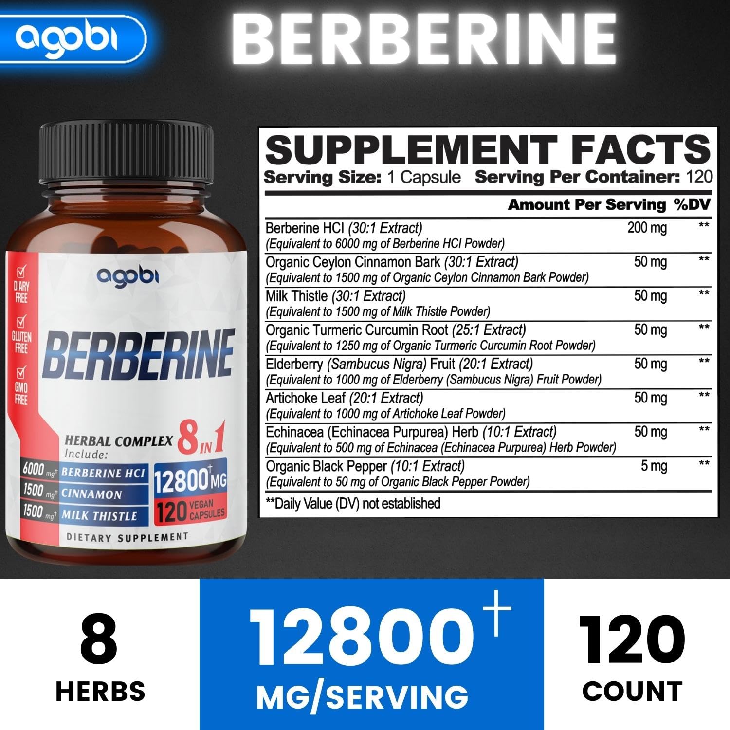 120 Capsules - Berberine Supplement 12800mg with Ceylon, Milk Thistle, Turmeric agobi