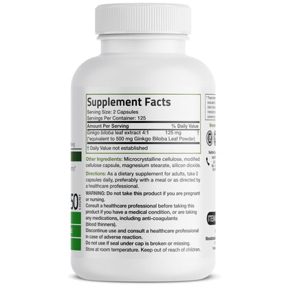 Bronson Ginkgo Biloba Extra Strength 125mg (4:1 Extract) Equivalent to 500mg Bronson
