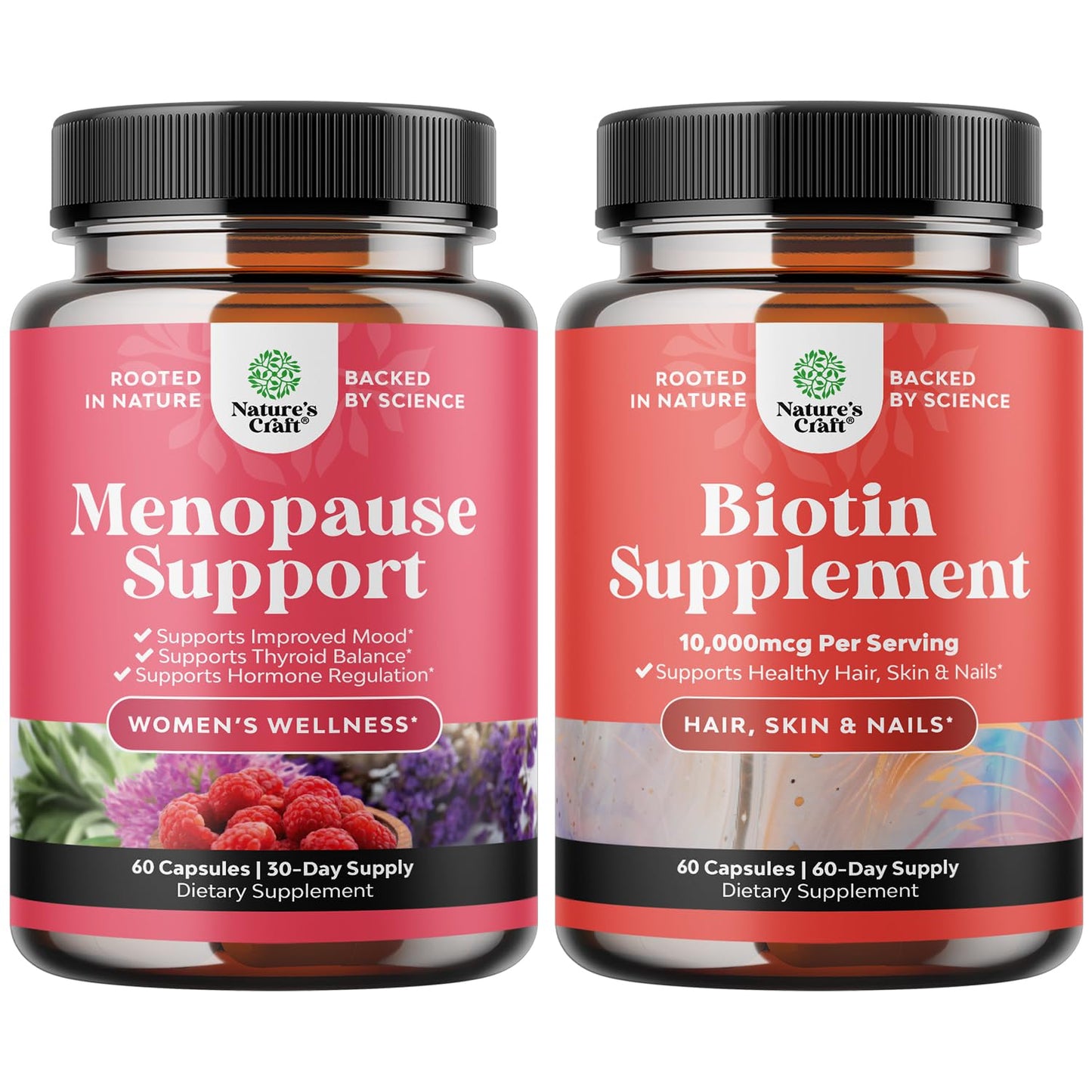 Bundle of Herbal Menopause Supplement for Women and 10000 mcg Pure Biotin Pills for Women & Men