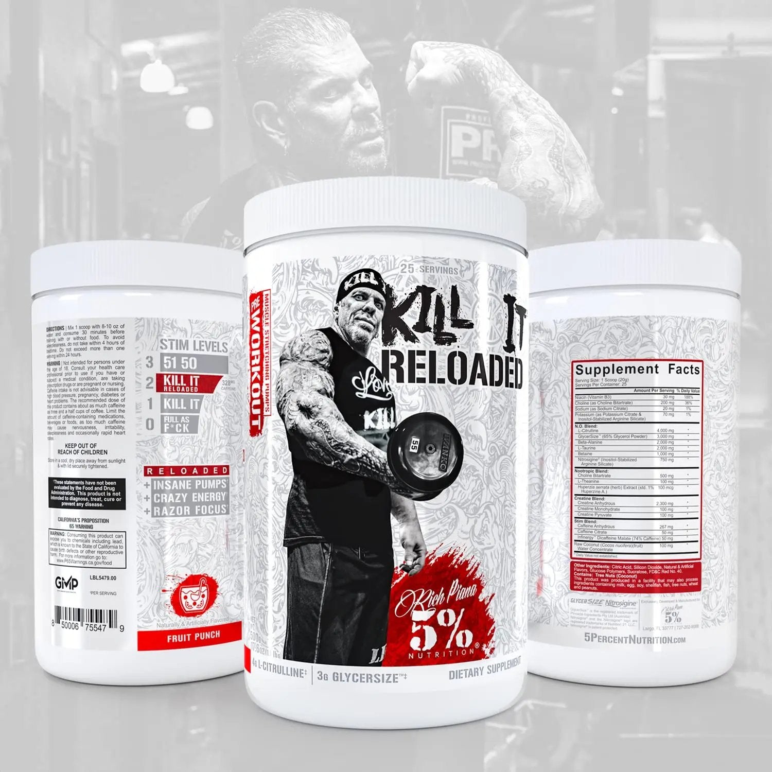 5% Nutrition Rich Piana Kill It Reloaded High Stim Pre-Workout | Ultra Energy, Focus, Pumps, Power & Endurance | Citrulline, GlycerSize, Nitrosigine, Creatine, Choline, Huperzine A (Fruit Punch)