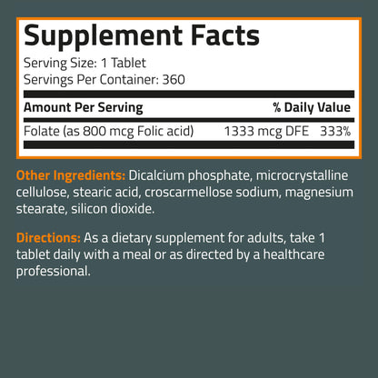 Bronson Folic Acid 800 MCG Supports Prenatal Development, 1 Year Supply, Non-GMO Bronson