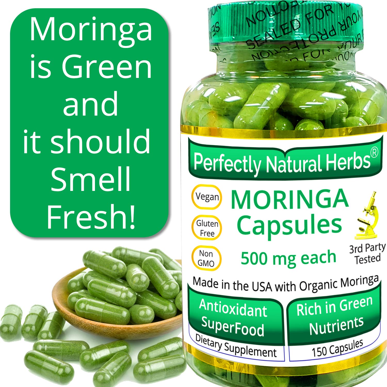 150 Moringa Capsules Made With USDA Certified Organic Moringa Leaf Powder Perfectly Natural Herbs