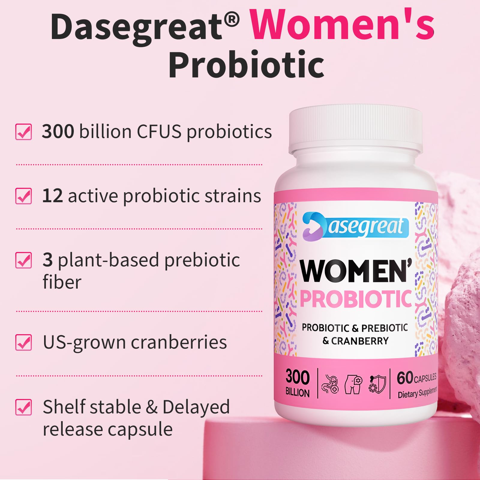 300 Billion CFUs Probiotics for Women,12 Strains Probiotics with Prebiotic Cranberry Heafetine