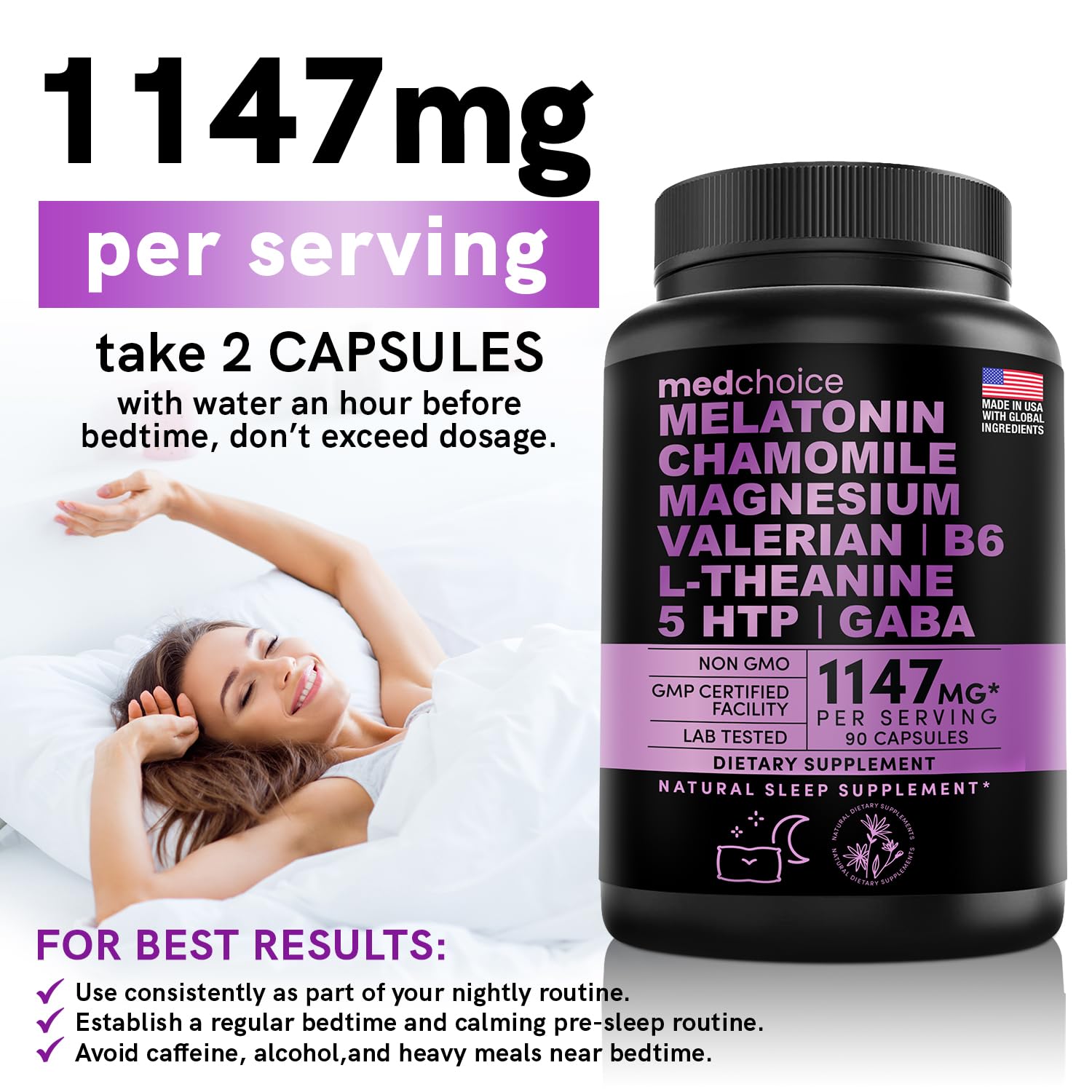 10-in-1 Melatonin Capsules - Melatonin 5mg Natural Sleep Aid for Adults MEDCHOICE