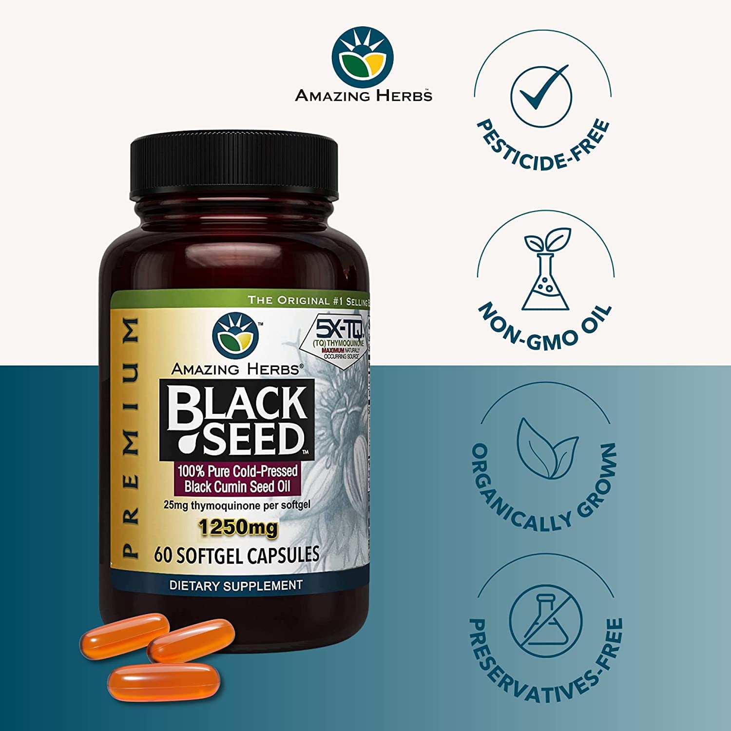 Amazing Herbs Premium Black Seed Oil Capsules - High Potency, Cold Pressed Nigella Amazing Herbs
